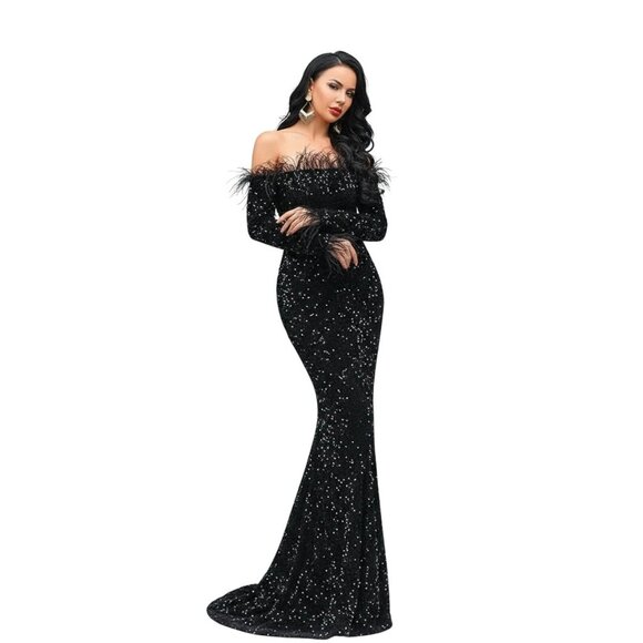 black poke a dot dress High Slit Sequin Black Long Party Dress with Feather Hem – FancyVestido main image 0